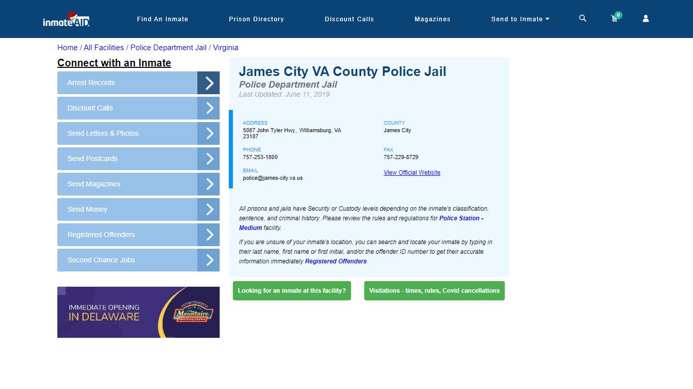 James City VA County Police Jail & Inmate Search - Williamsburg, VA